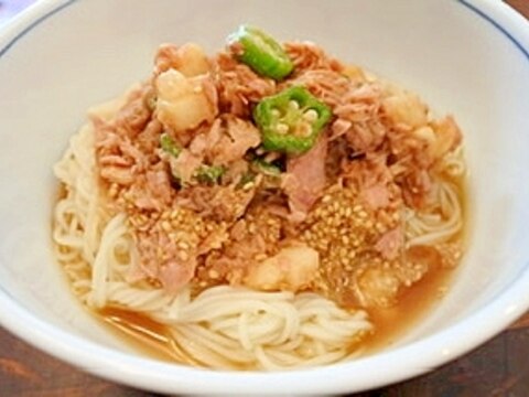 ツナ・オクラ・長芋の生姜ポン酢　ぶっかけそうめん